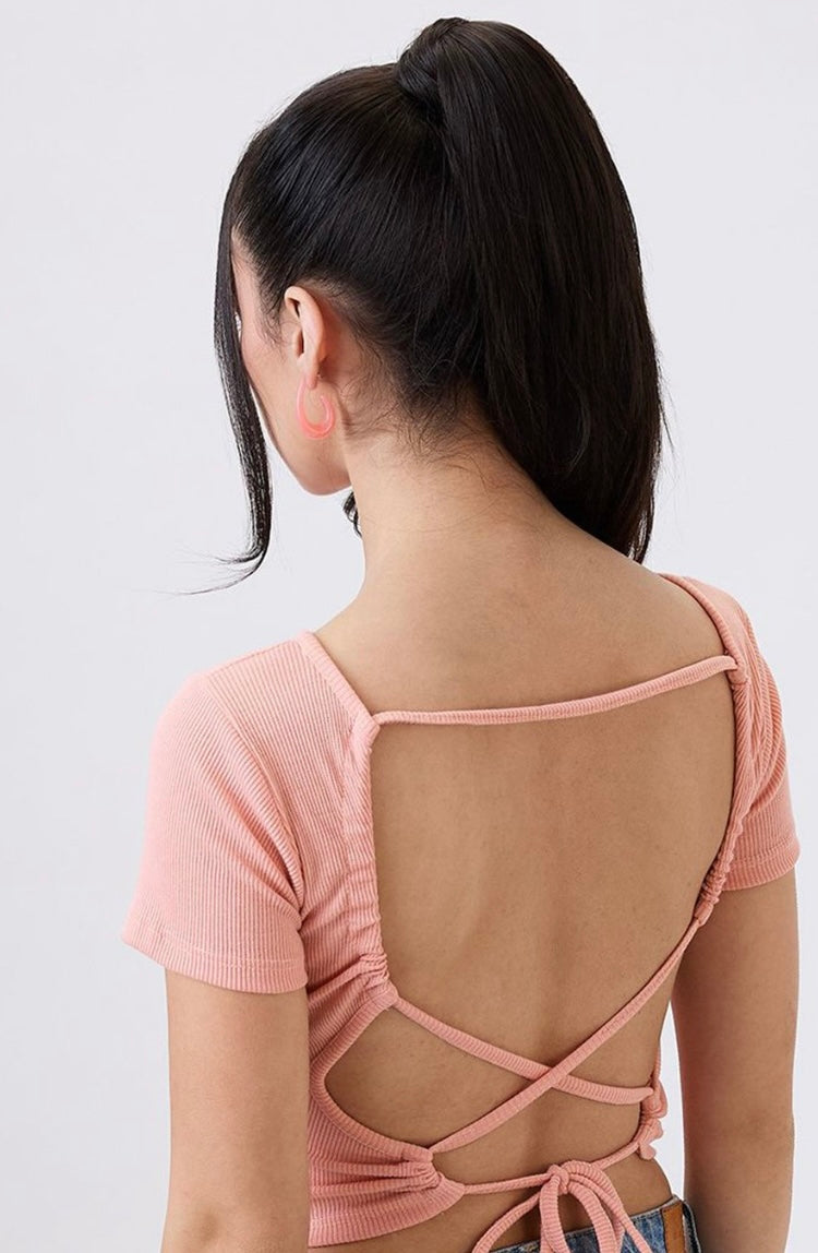 Vlantix Women Peach Ribbed Open Back Crop Top