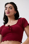 Vlantix Women Maroon Ribbed Tie-Front Lettuce Edge Crop Top