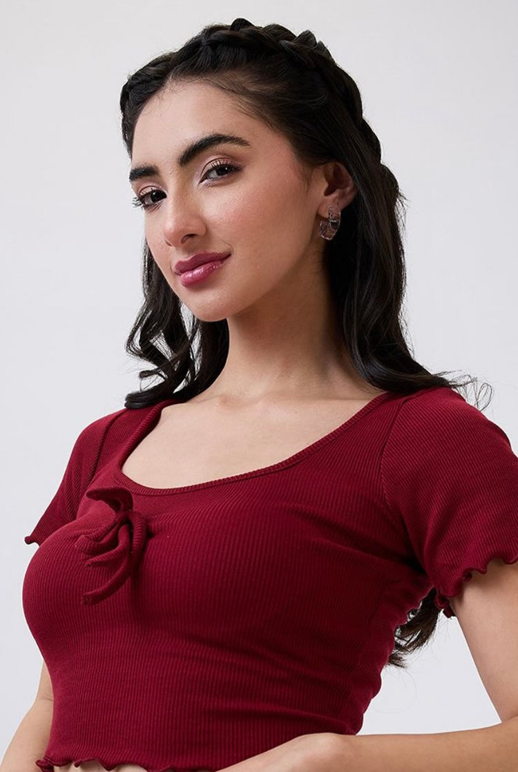 Vlantix Women Maroon Ribbed Tie-Front Lettuce Edge Crop Top