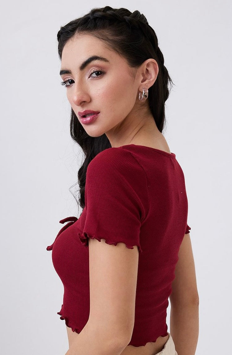 Vlantix Women Maroon Ribbed Tie-Front Lettuce Edge Crop Top