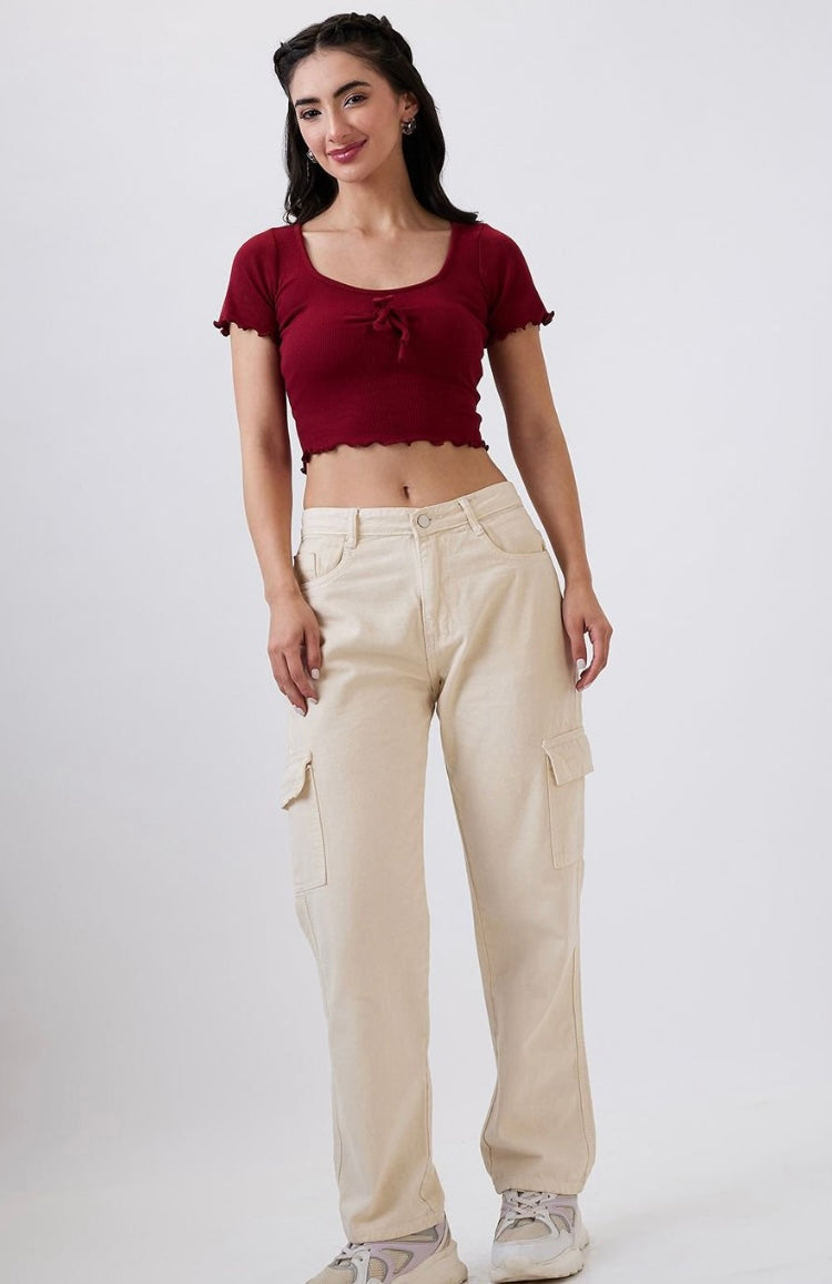 Vlantix Women Maroon Ribbed Tie-Front Lettuce Edge Crop Top