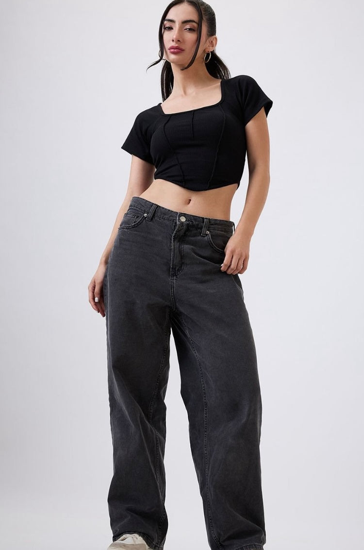 Vlantix Women Black Ribbed Corset-Style Seamed Crop Top