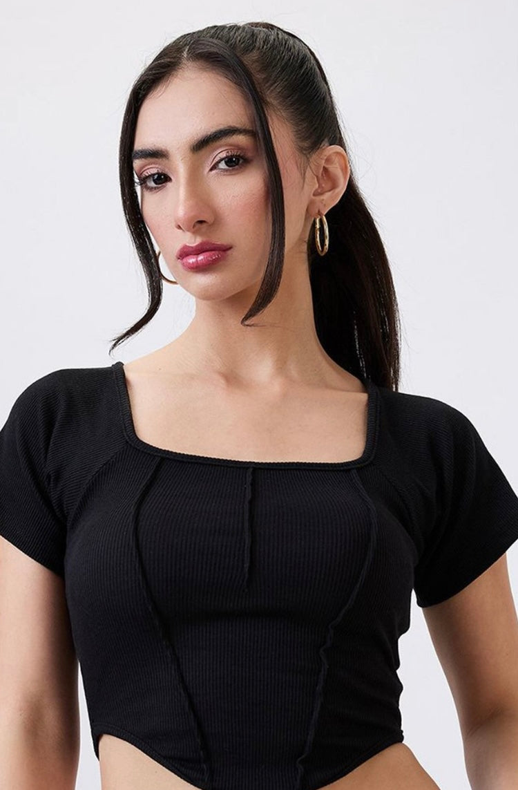 Vlantix Women Black Ribbed Corset-Style Seamed Crop Top
