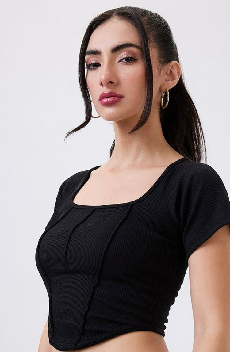 Vlantix Women Black Ribbed Corset-Style Seamed Crop Top
