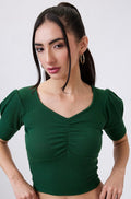 Vlantix Women Green Ribbed Ruched V-Neck Crop Top