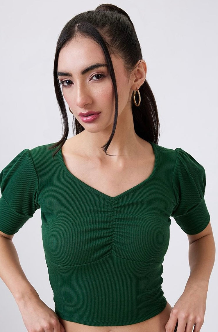 Vlantix Women Green Ribbed Ruched V-Neck Crop Top