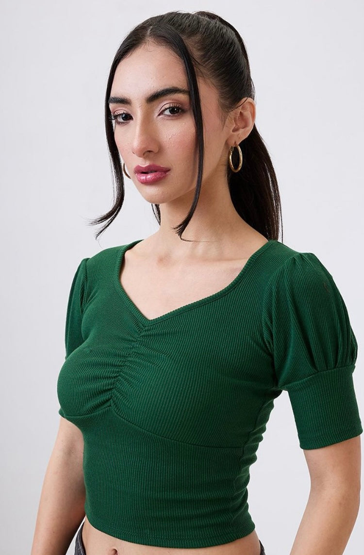 Vlantix Women Green Ribbed Ruched V-Neck Crop Top