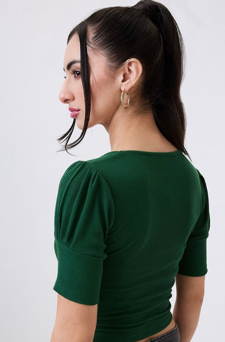 Vlantix Women Green Ribbed Ruched V-Neck Crop Top