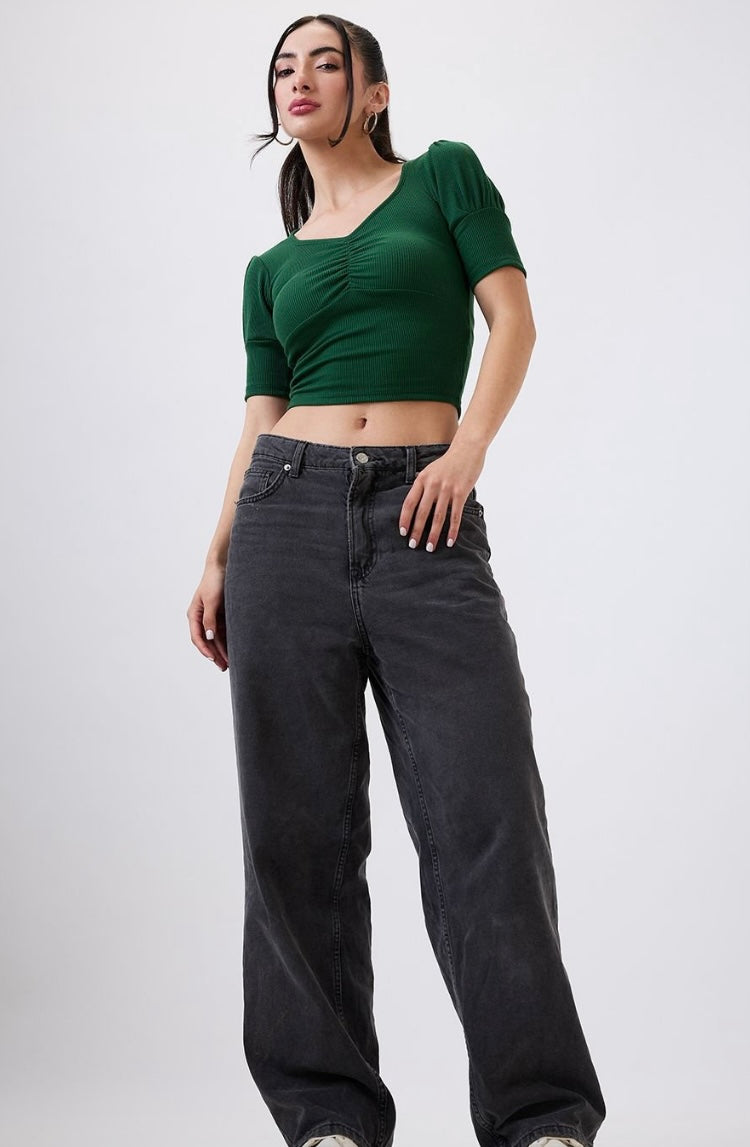 Vlantix Women Green Ribbed Ruched V-Neck Crop Top