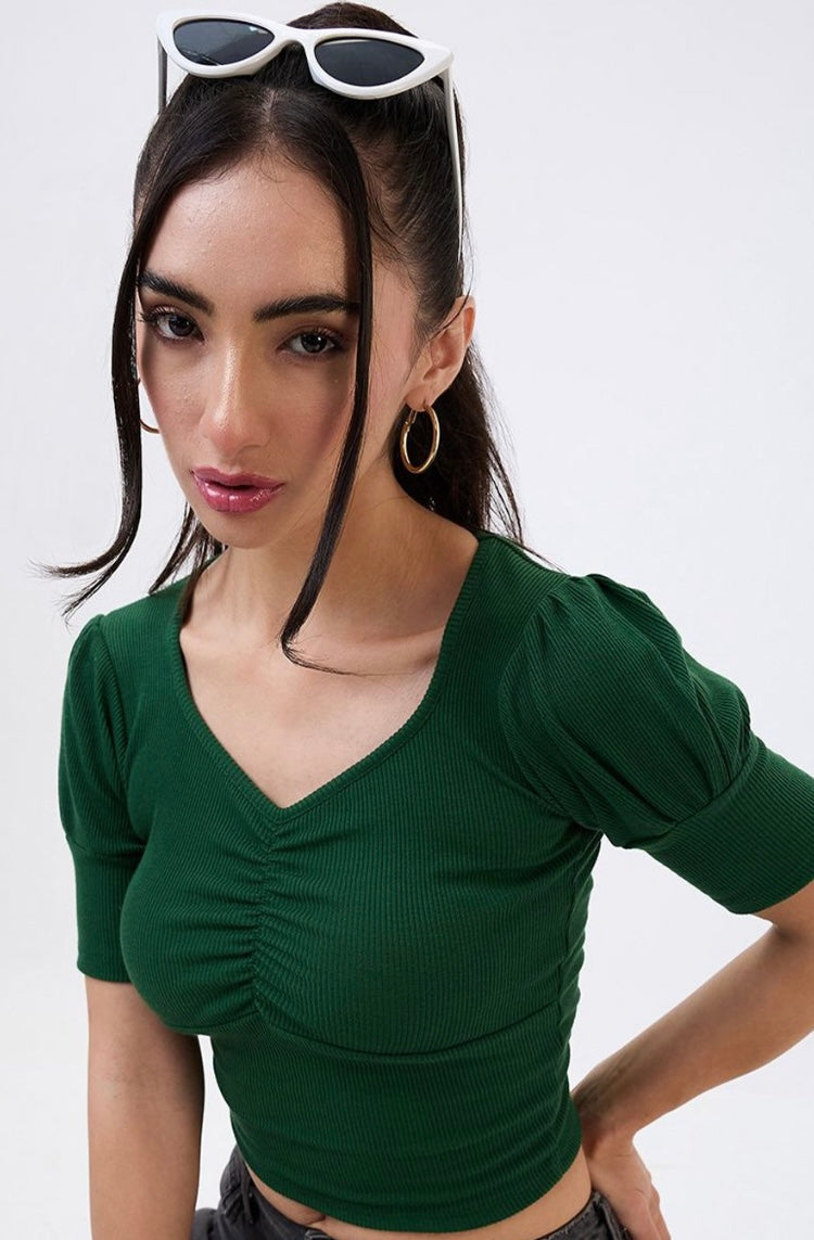 Vlantix Women Green Ribbed Ruched V-Neck Crop Top