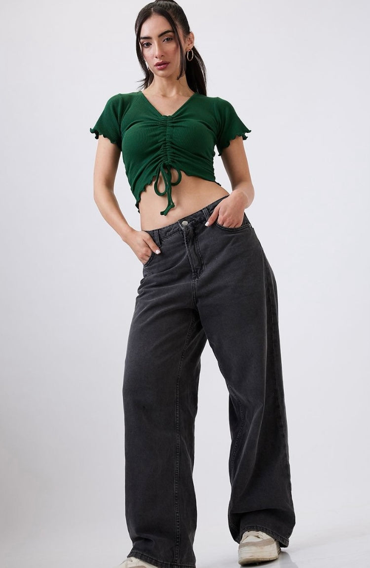 Vlantix Women Dark Green Ribbed Ruched Drawstring Crop Top