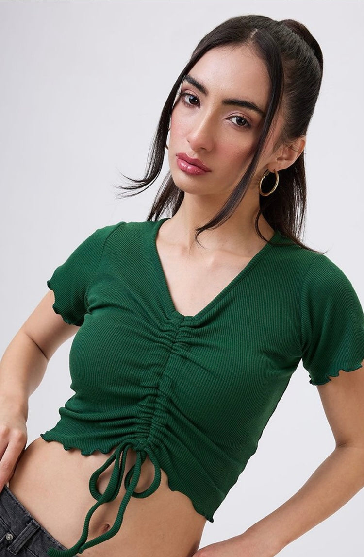 Vlantix Women Dark Green Ribbed Ruched Drawstring Crop Top