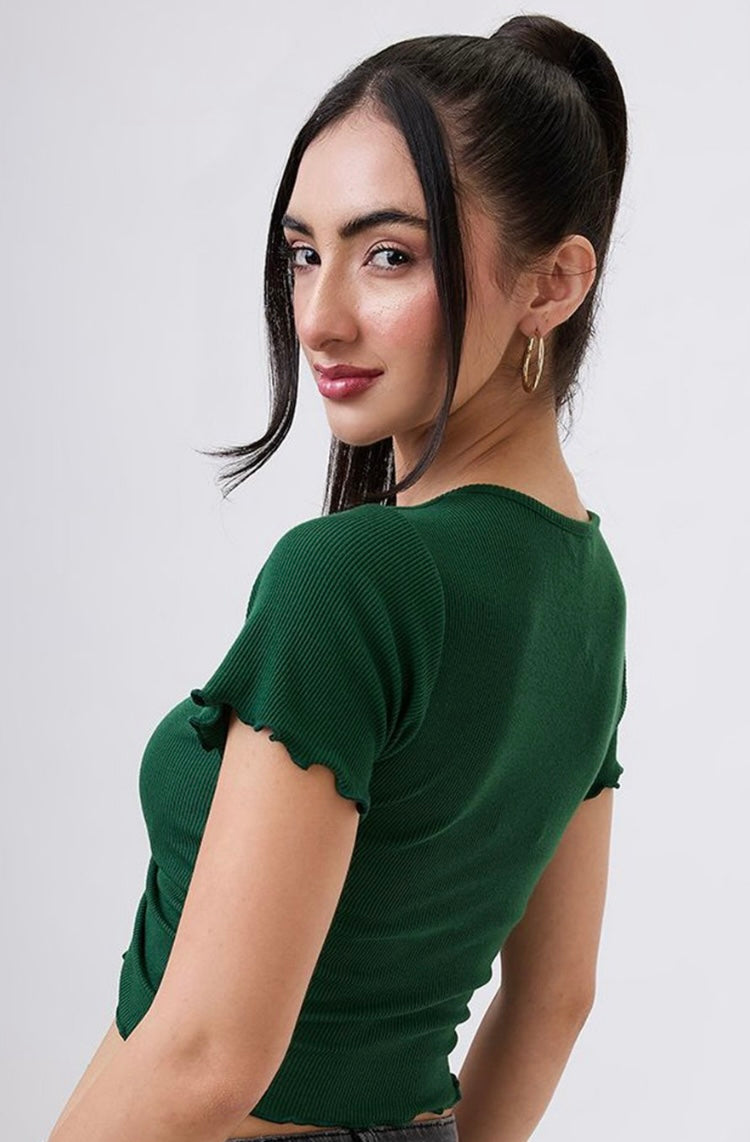 Vlantix Women Dark Green Ribbed Ruched Drawstring Crop Top