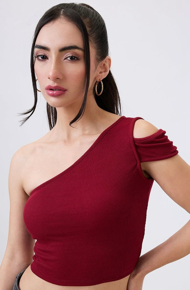 Vlantix Women Maroon Ribbed Asymmetric One-Shoulder Crop Top