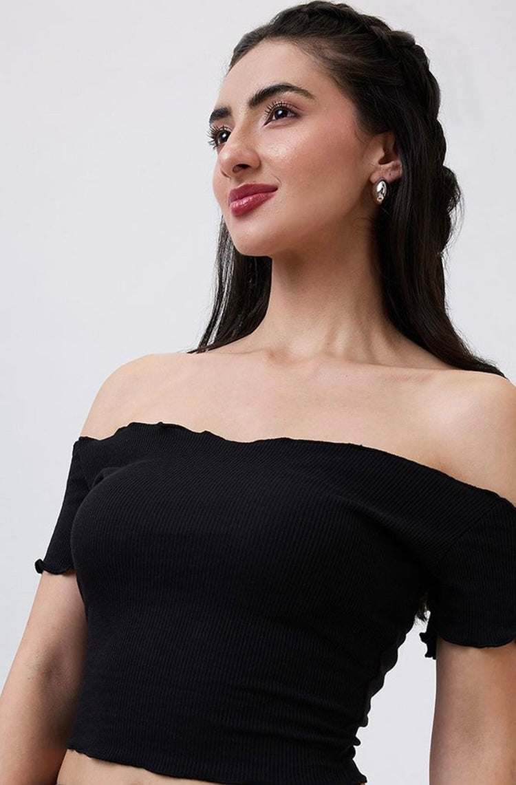 Vlantix Women Black Ribbed Off-Shoulder Lettuce Edge Crop Top