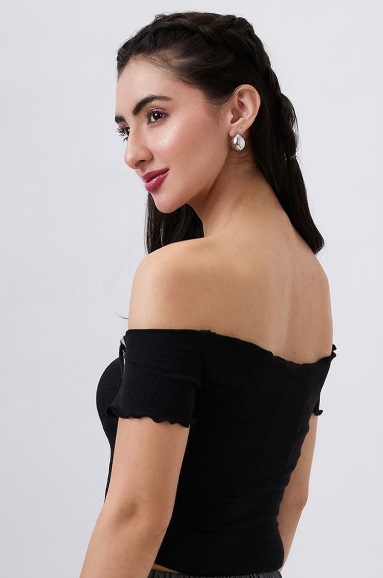 Vlantix Women Black Ribbed Off-Shoulder Lettuce Edge Crop Top
