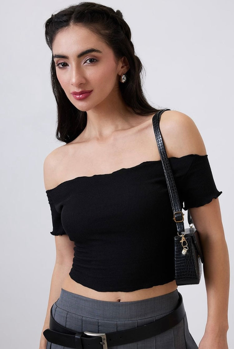 Vlantix Women Black Ribbed Off-Shoulder Lettuce Edge Crop Top