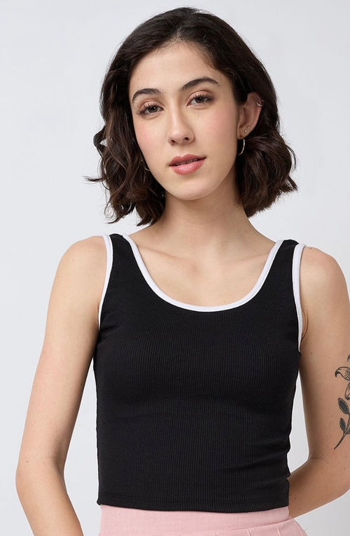 Vlantix Women Black Ribbed Contrast Binding Crop Tank Top