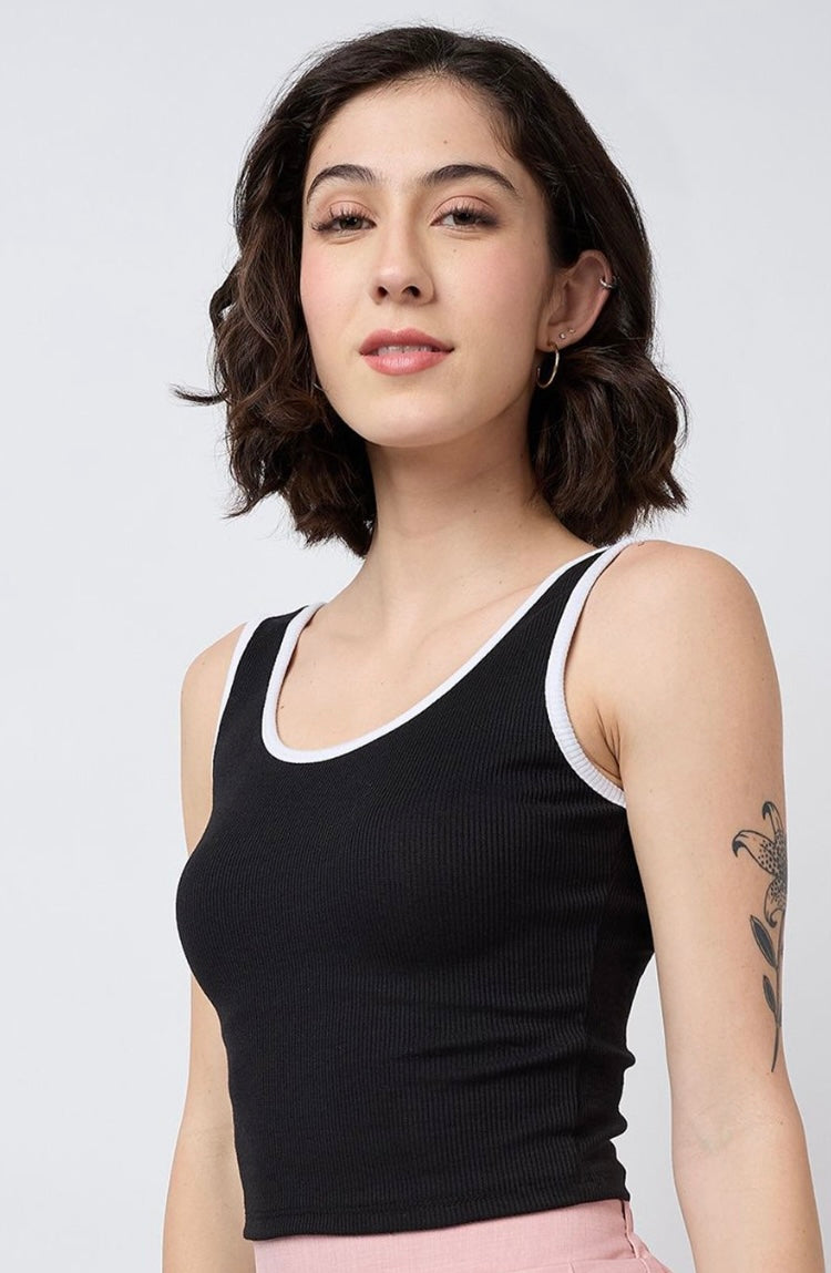 Vlantix Women Black Ribbed Contrast Binding Crop Tank Top