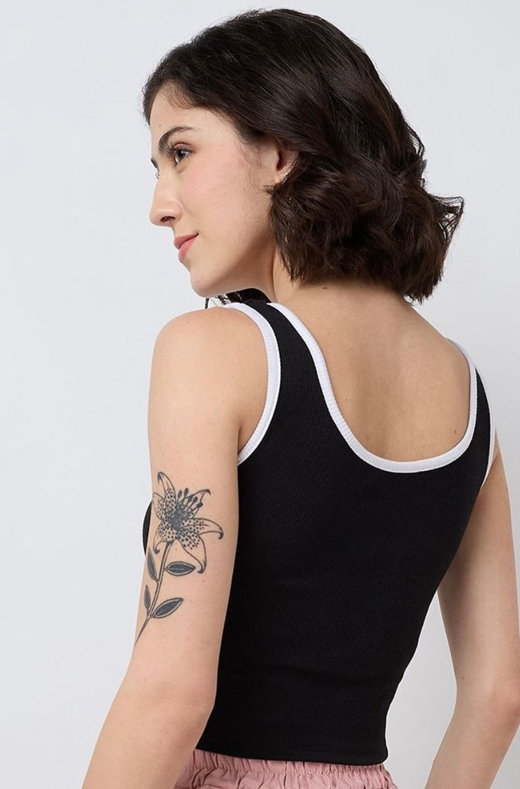 Vlantix Women Black Ribbed Contrast Binding Crop Tank Top