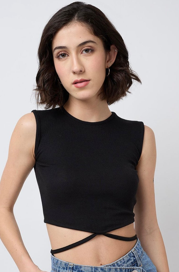Vlantix Women Black Ribbed Tie-Around Waist Crop Top