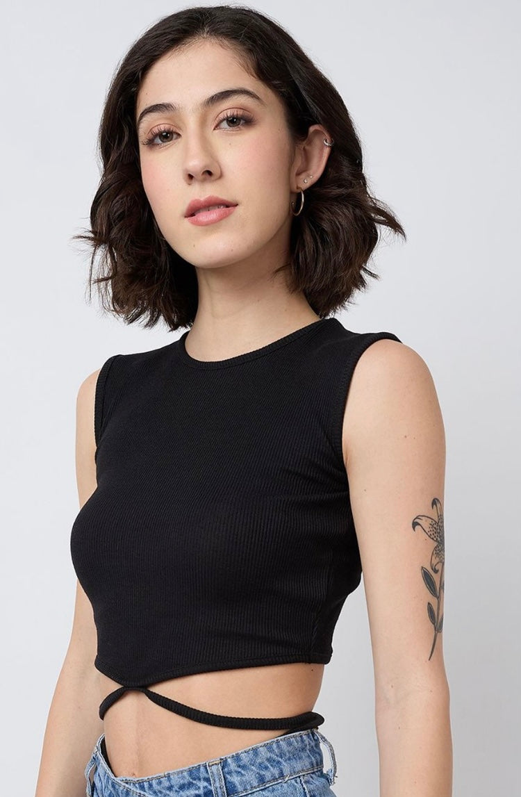 Vlantix Women Black Ribbed Tie-Around Waist Crop Top