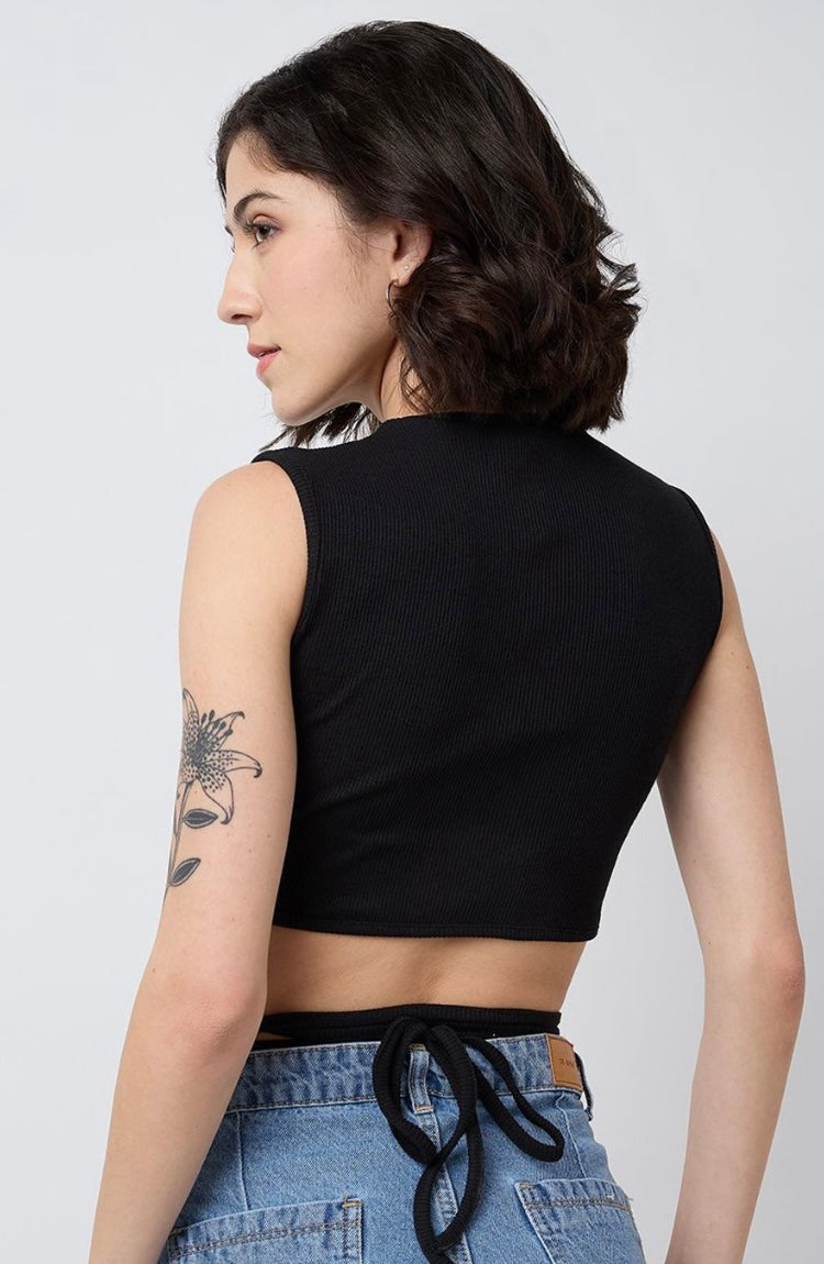 Vlantix Women Black Ribbed Tie-Around Waist Crop Top