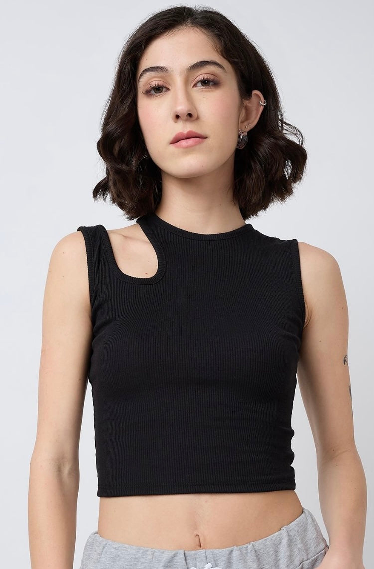 Vlantix Women Black Ribbed Asymmetric Cut-Out Tank Top
