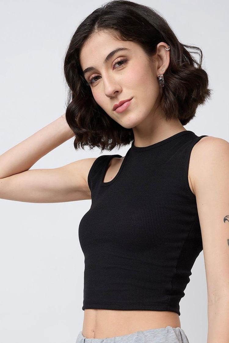 Vlantix Women Black Ribbed Asymmetric Cut-Out Tank Top