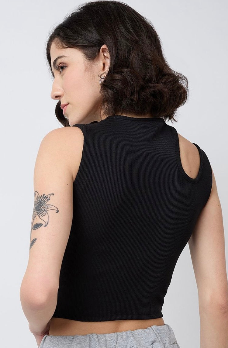 Vlantix Women Black Ribbed Asymmetric Cut-Out Tank Top