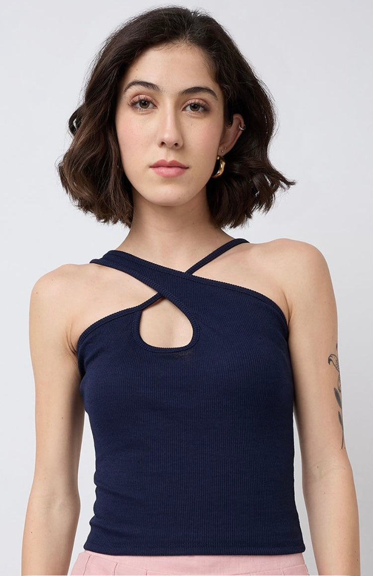 Vlantix Women Navy Blue Ribbed Cross-Neck Cut-Out Crop Top