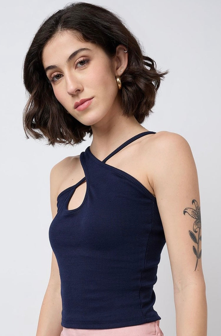 Vlantix Women Navy Blue Ribbed Cross-Neck Cut-Out Crop Top