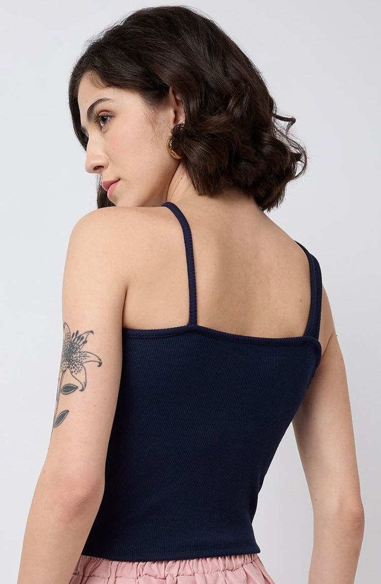 Vlantix Women Navy Blue Ribbed Cross-Neck Cut-Out Crop Top