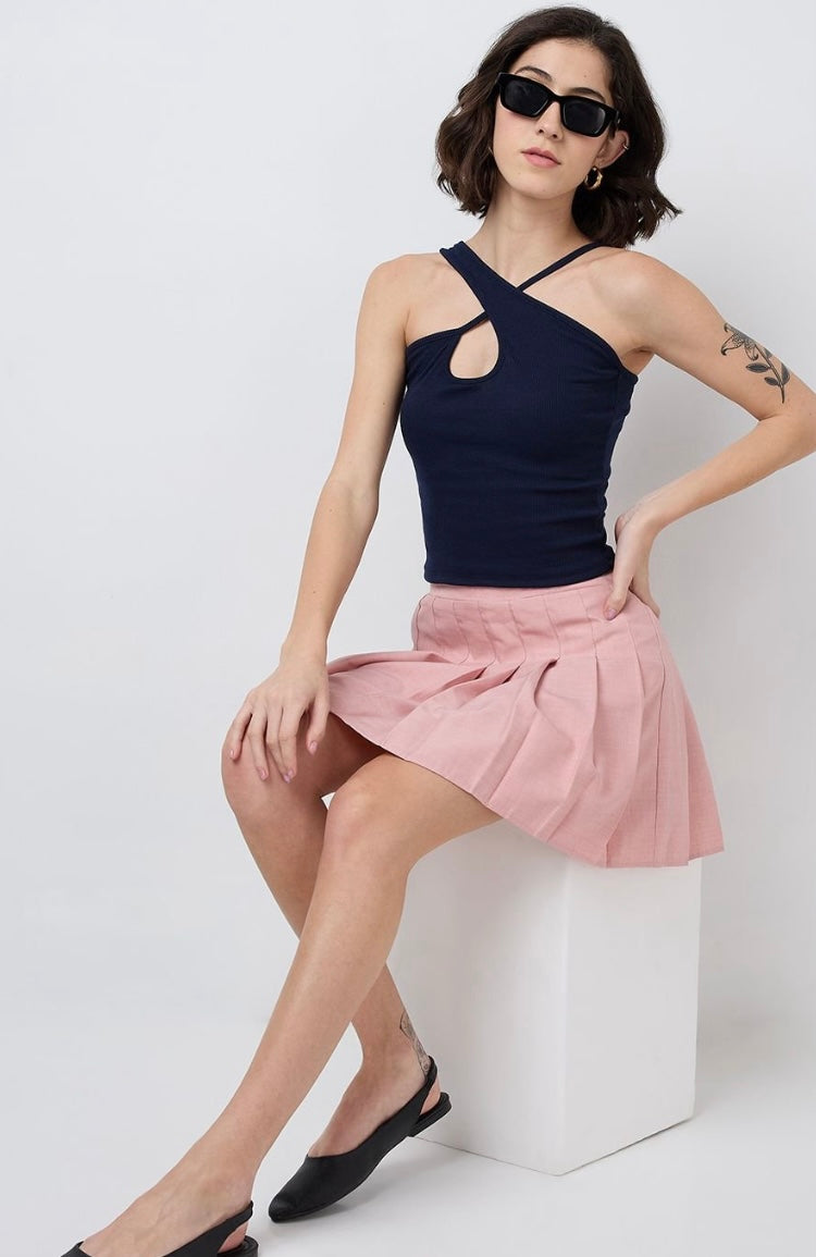 Vlantix Women Navy Blue Ribbed Cross-Neck Cut-Out Crop Top