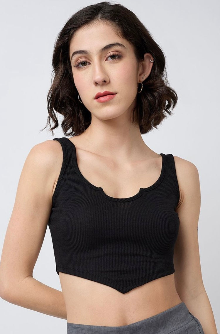 Vlantix Women Black Ribbed Notched Pointed Hem Crop Top