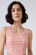 Vlantix Women Peach Ribbed Corset-Style Seamed Crop Tank Top