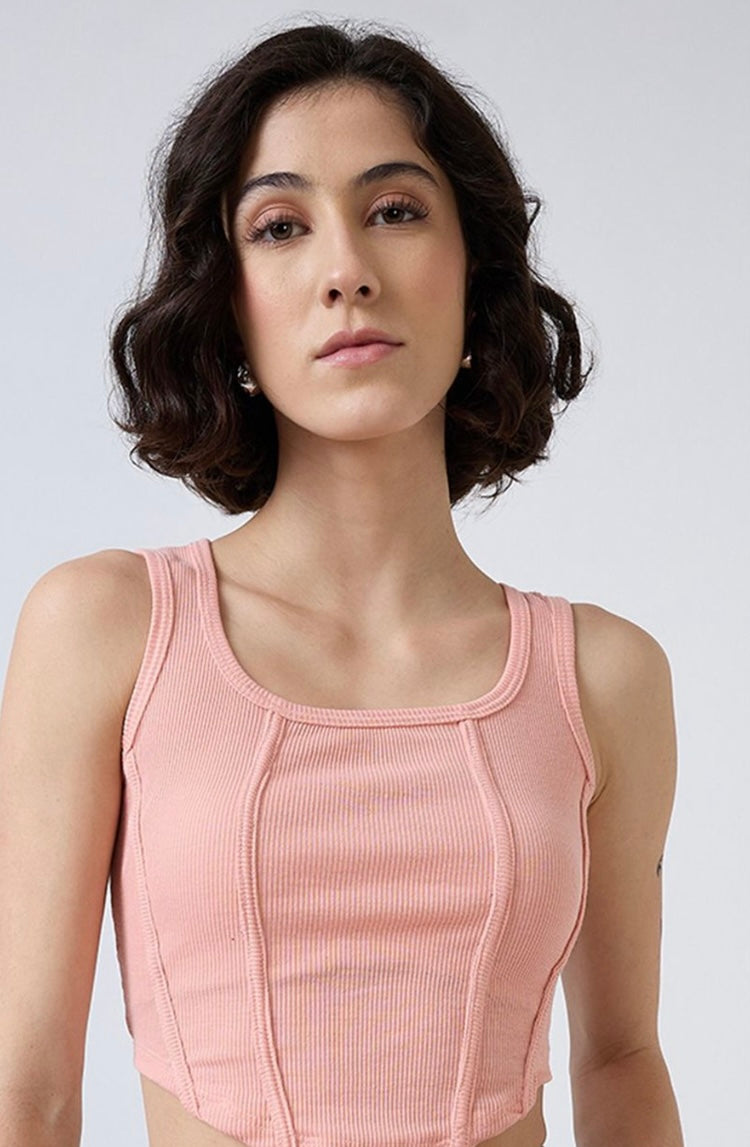 Vlantix Women Peach Ribbed Corset-Style Seamed Crop Tank Top
