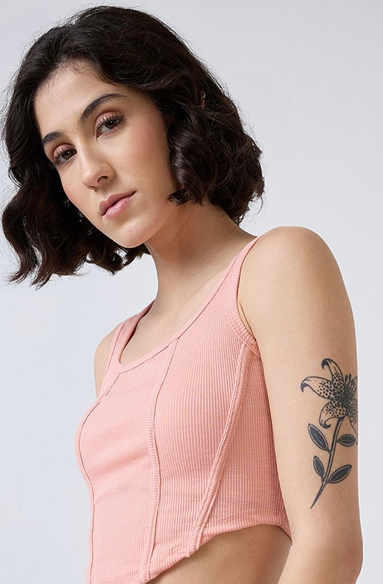 Vlantix Women Peach Ribbed Corset-Style Seamed Crop Tank Top