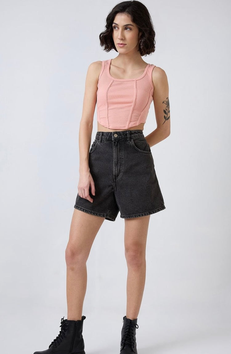 Vlantix Women Peach Ribbed Corset-Style Seamed Crop Tank Top