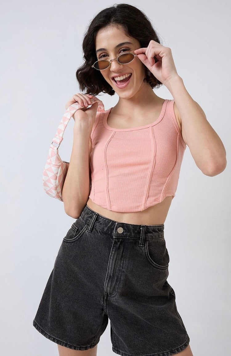 Vlantix Women Peach Ribbed Corset-Style Seamed Crop Tank Top
