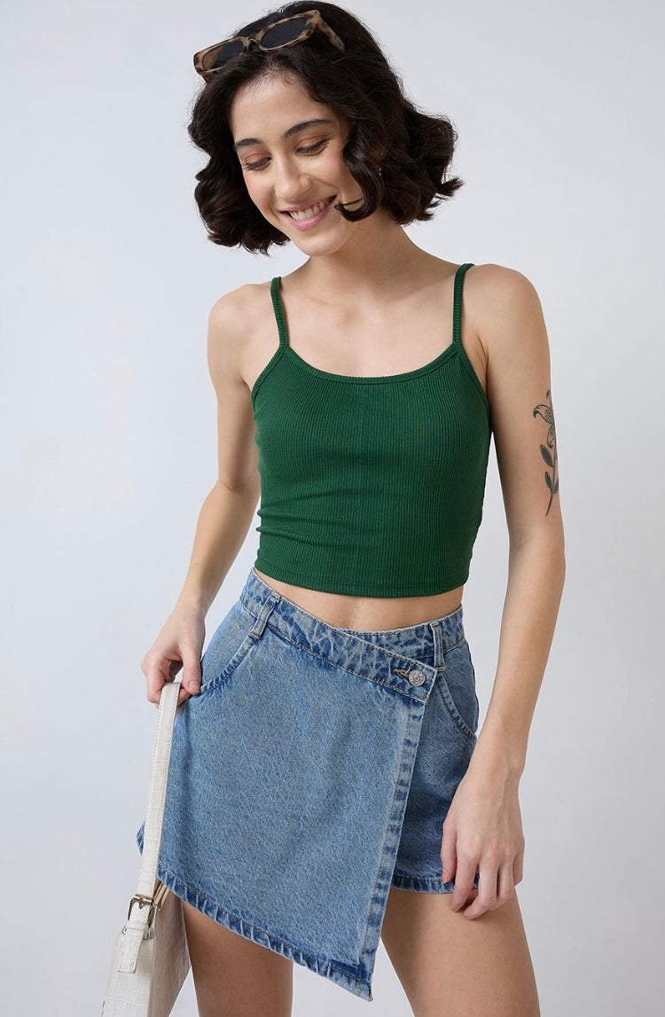 Vlantix Women Dark Green Ribbed Cami Crop Top