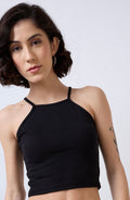 Vlantix Women Black Ribbed High Square Neck Cami Crop Top