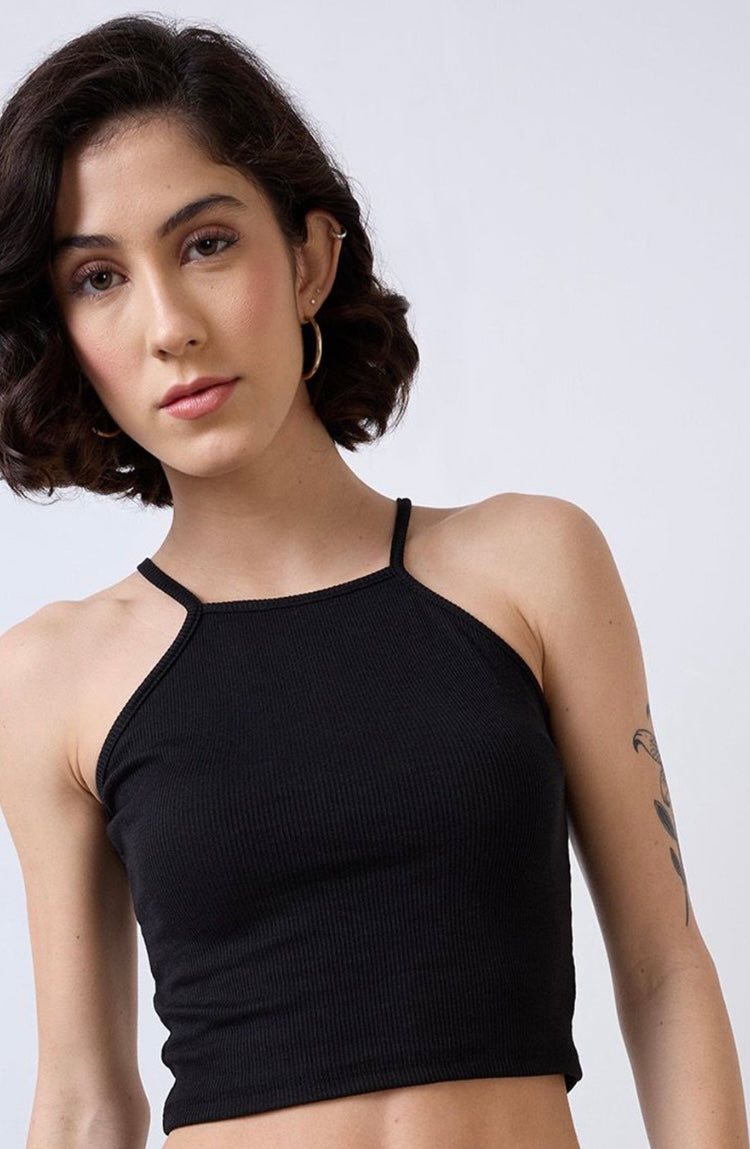 Vlantix Women Black Ribbed High Square Neck Cami Crop Top