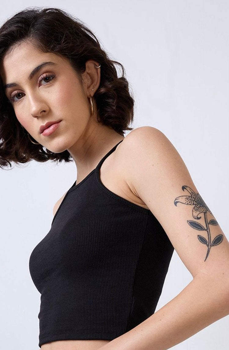Vlantix Women Black Ribbed High Square Neck Cami Crop Top