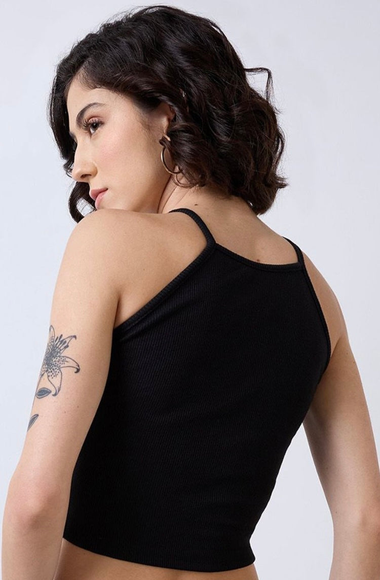Vlantix Women Black Ribbed High Square Neck Cami Crop Top
