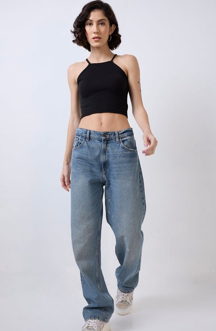 Vlantix Women Black Ribbed High Square Neck Cami Crop Top