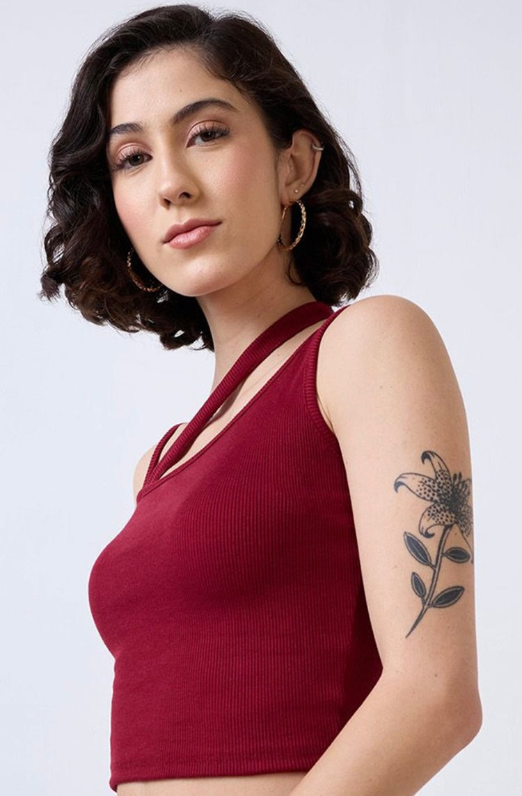 Vlantix Women Maroon Ribbed Cross-Halter Keyhole Crop Top