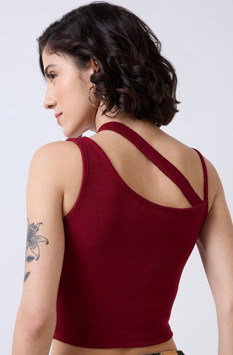 Vlantix Women Maroon Ribbed Cross-Halter Keyhole Crop Top
