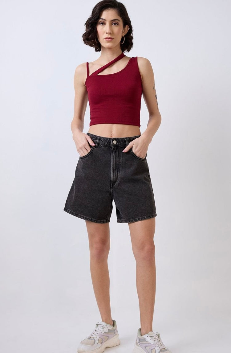 Vlantix Women Maroon Ribbed Cross-Halter Keyhole Crop Top