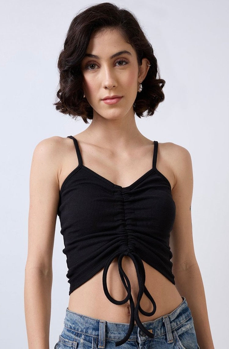 Vlantix Women Black Ribbed High Square Neck Crop Tank Top